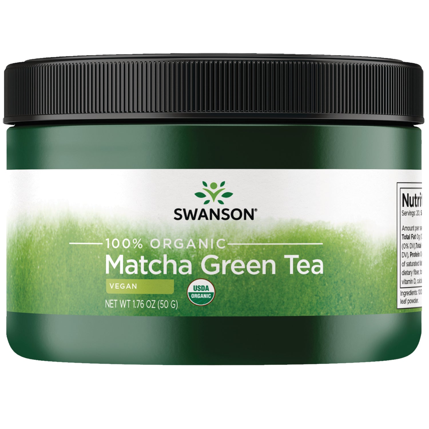 SWF098 | Back label with Nutrition Facts, ingredients, and directions for 100% Organic Matcha Green Tea