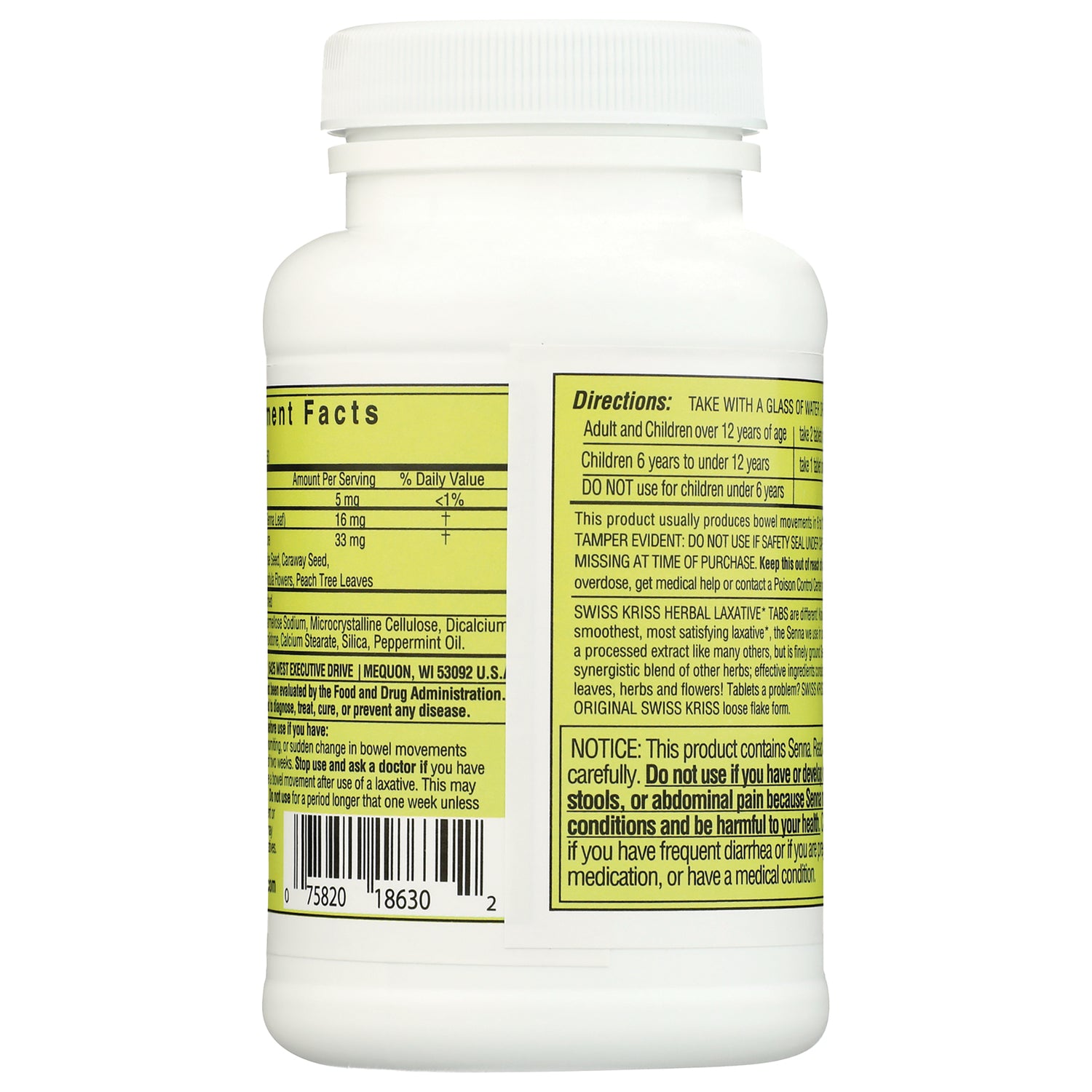 SKR002 | back of white supplement bottle showing yellow label with directions, nutrition facts, and barcode