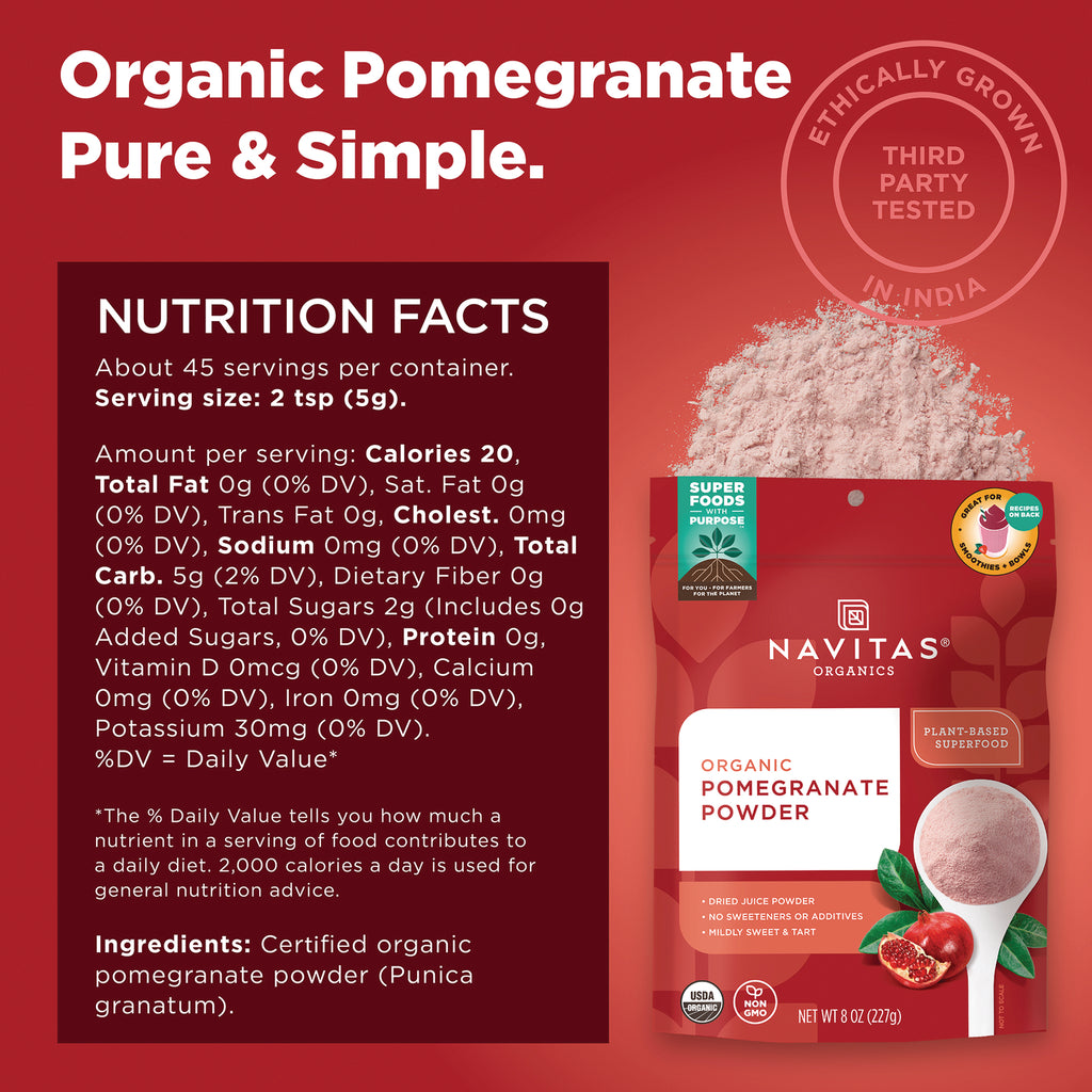 NAV023 | Organic pomegranate powder pouch with nutrition facts panel and product benefits infographic - Thumbnail