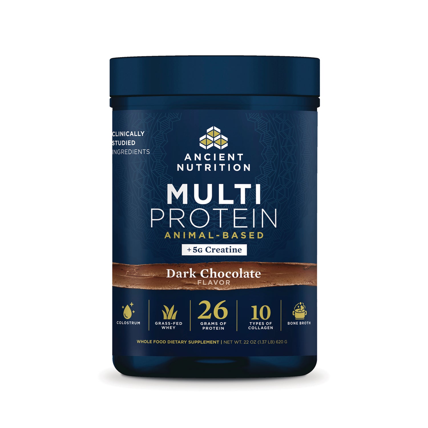 ATN152 | Ancient Nutrition Multi Protein Animal-Based Dark Chocolate supplement container with +5g creatine