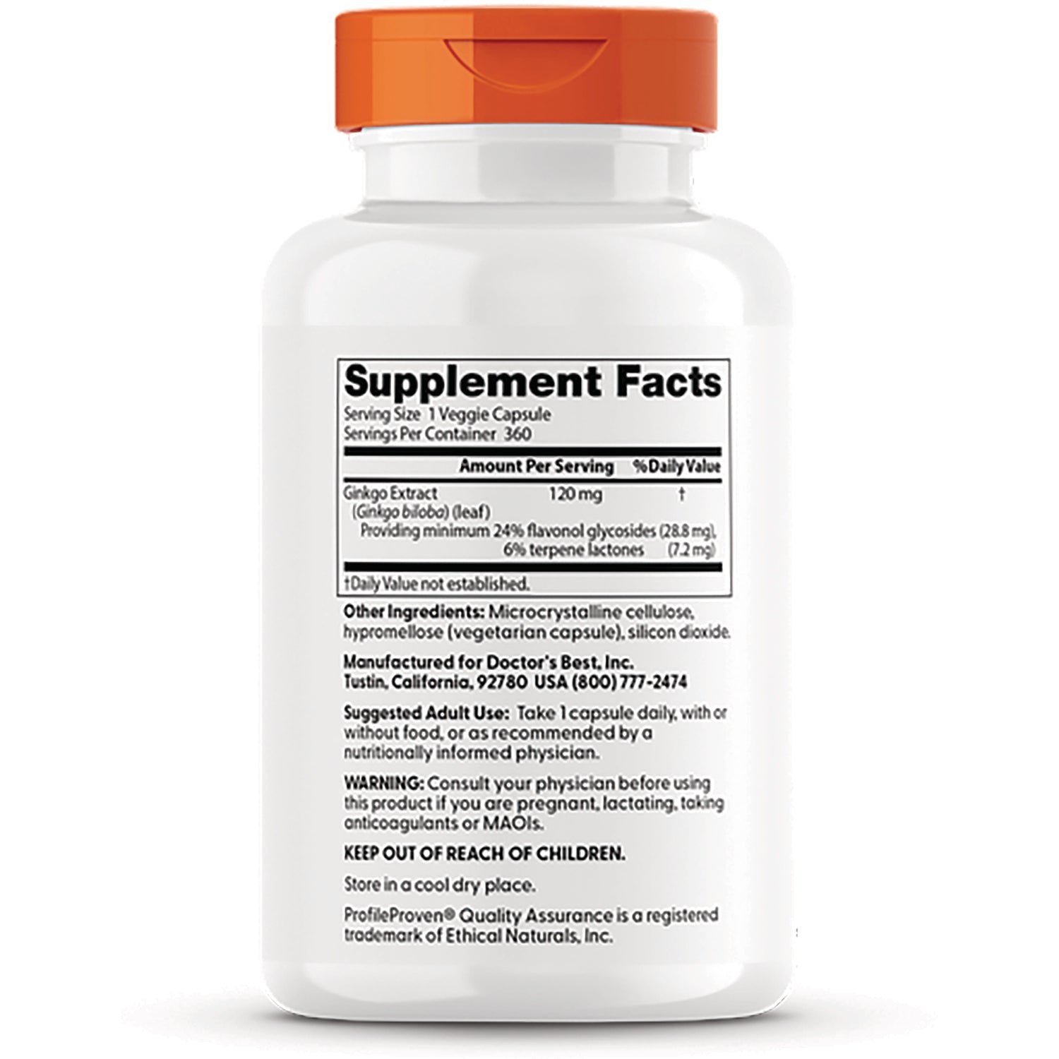 DB172 | Back label showing Supplement Facts panel, ingredient list, suggested use and warning text on white bottle