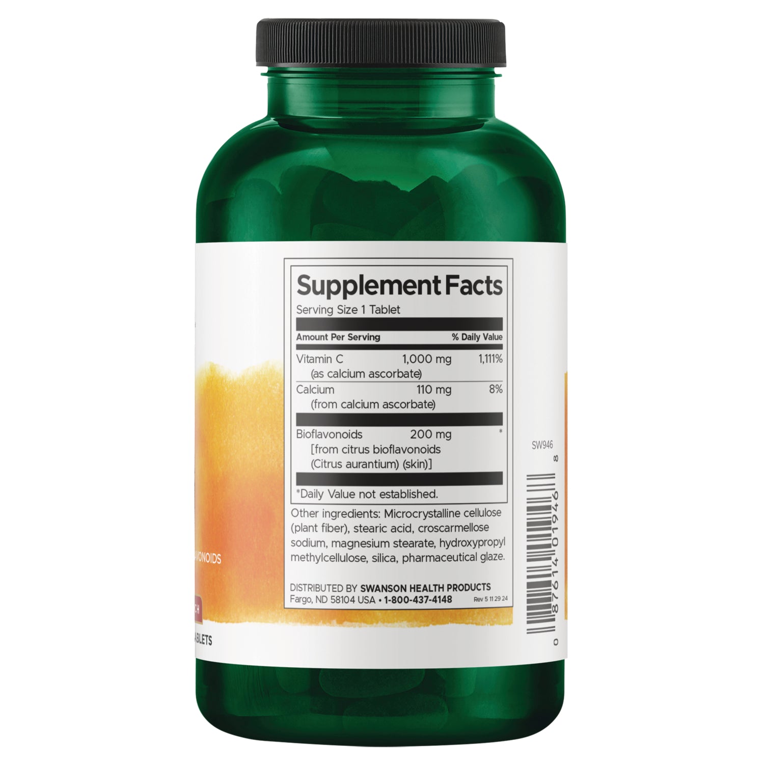 SW946 | Back label of supplement bottle showing Supplement Facts for vitamin C 1000 mg, calcium 110 mg, bioflavonoids 200 mg