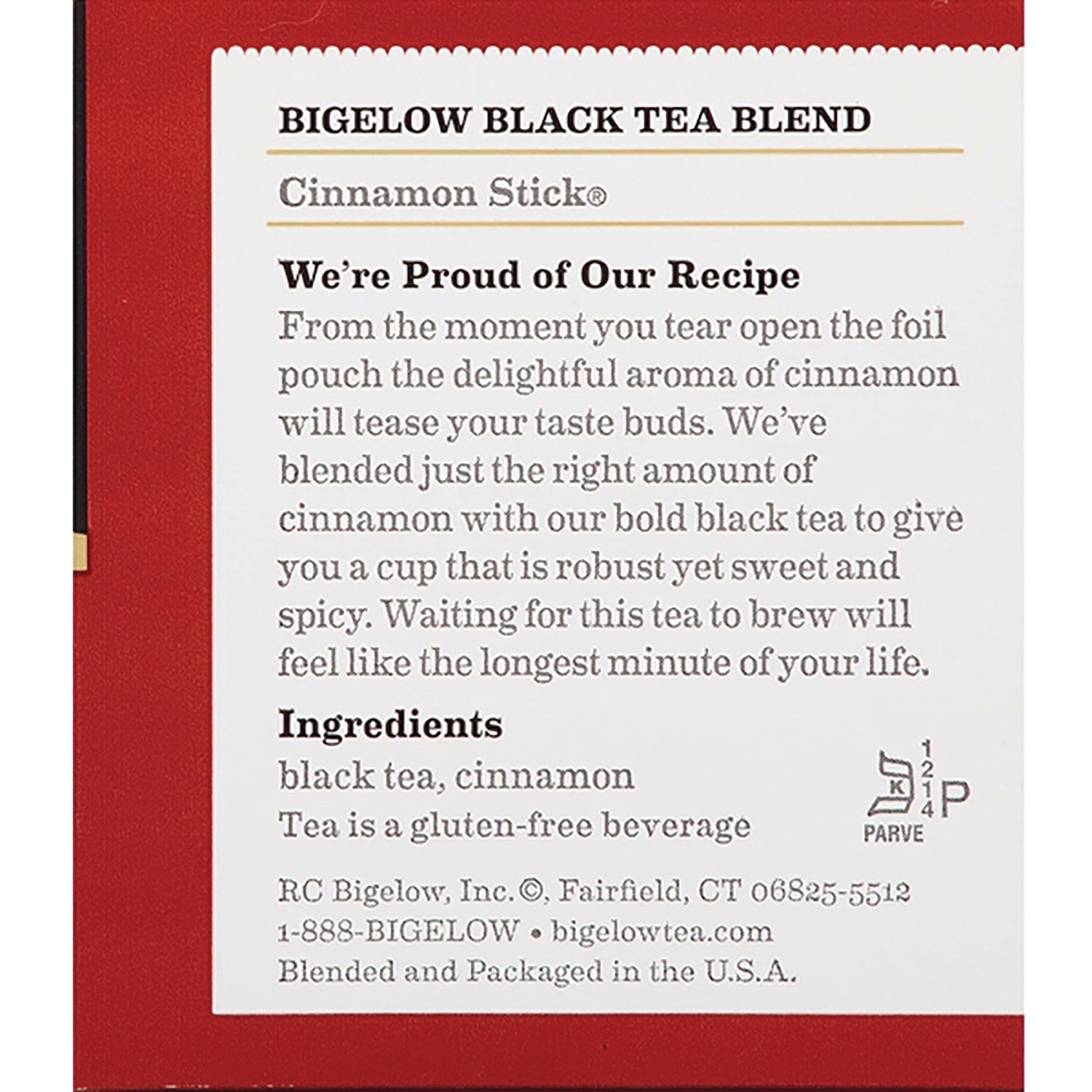 BGT004 | Back of Bigelow Cinnamon Stick black tea box showing product description and ingredients list