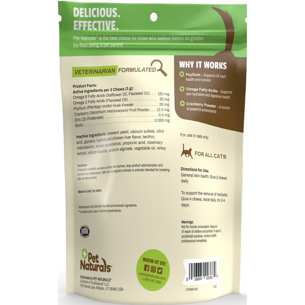 PTN074 | Back of Pet Naturals cat supplement pouch showing product facts, active ingredients, directions and barcode - Thumbnail