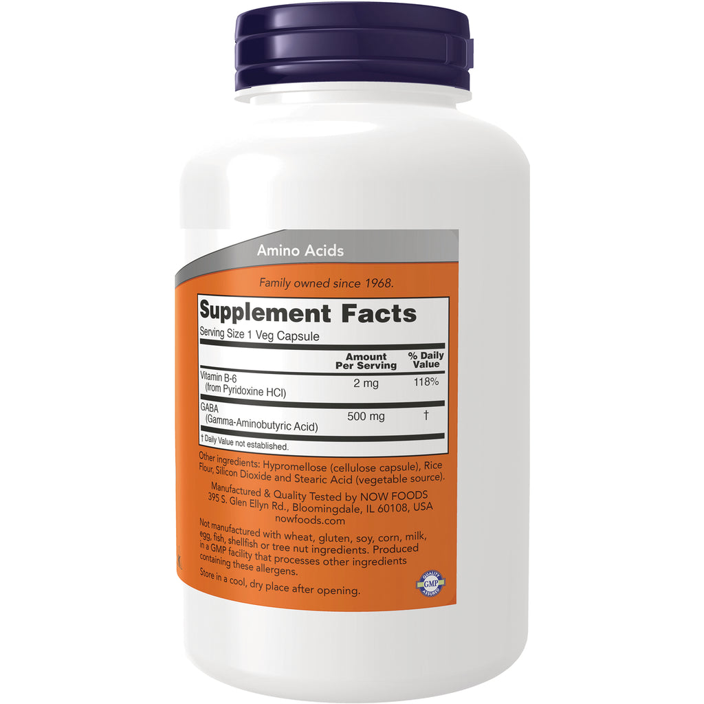 NWF749 | Back of white supplement bottle showing Supplement Facts label listing Serving Size 1 Veg Capsule, Vitamin B-6 2 mg, GABA 500 mg - Thumbnail