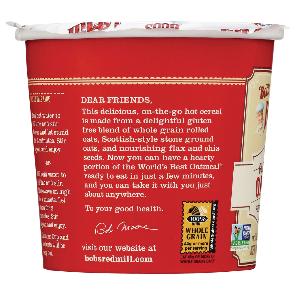 BOB229 | red oatmeal cup side showing product description starting with DEAR FRIENDS and a 100% whole grain badge - Thumbnail