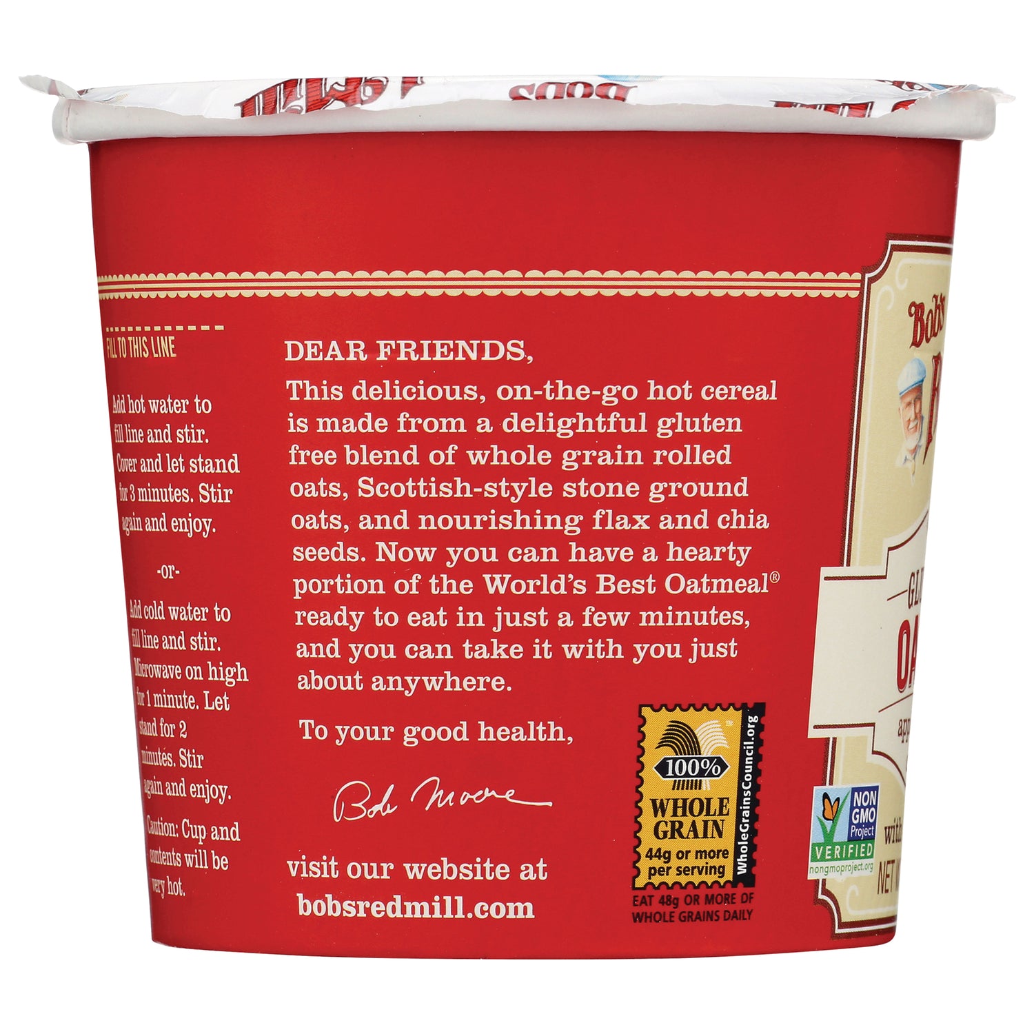 BOB229 | red oatmeal cup side showing product description starting with DEAR FRIENDS and a 100% whole grain badge