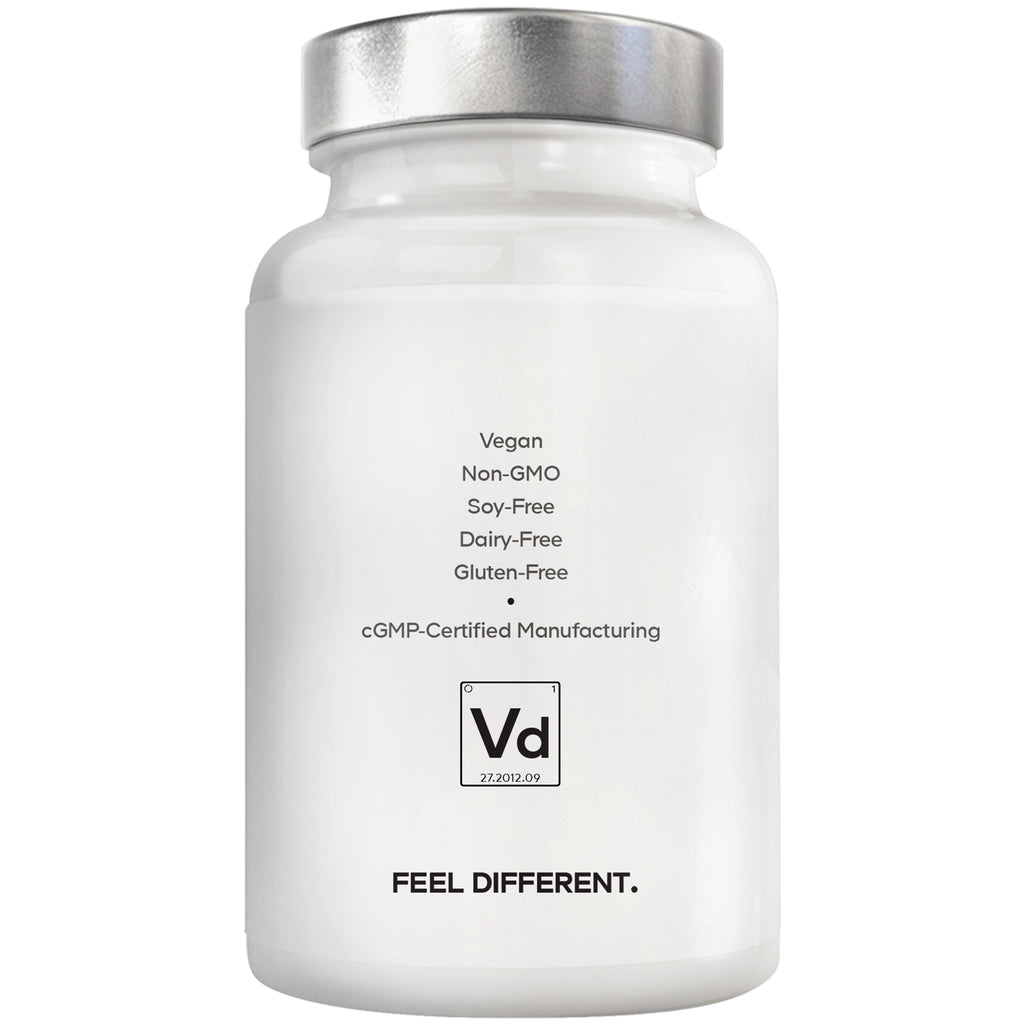 CDG048 | Back of supplement bottle label listing Vegan, Non-GMO, soy-free, dairy-free, gluten-free; cGMP-certified; FEEL DIFFERENT - Thumbnail