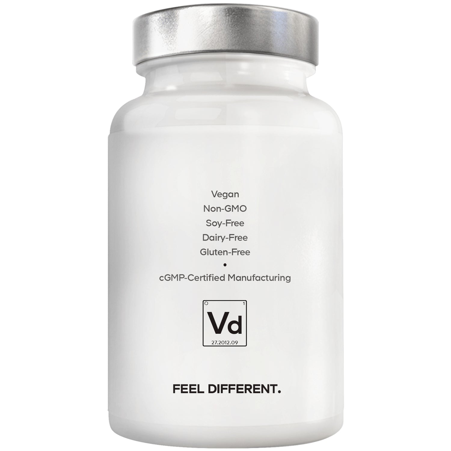 CDG048 | Back of supplement bottle label listing Vegan, Non-GMO, soy-free, dairy-free, gluten-free; cGMP-certified; FEEL DIFFERENT