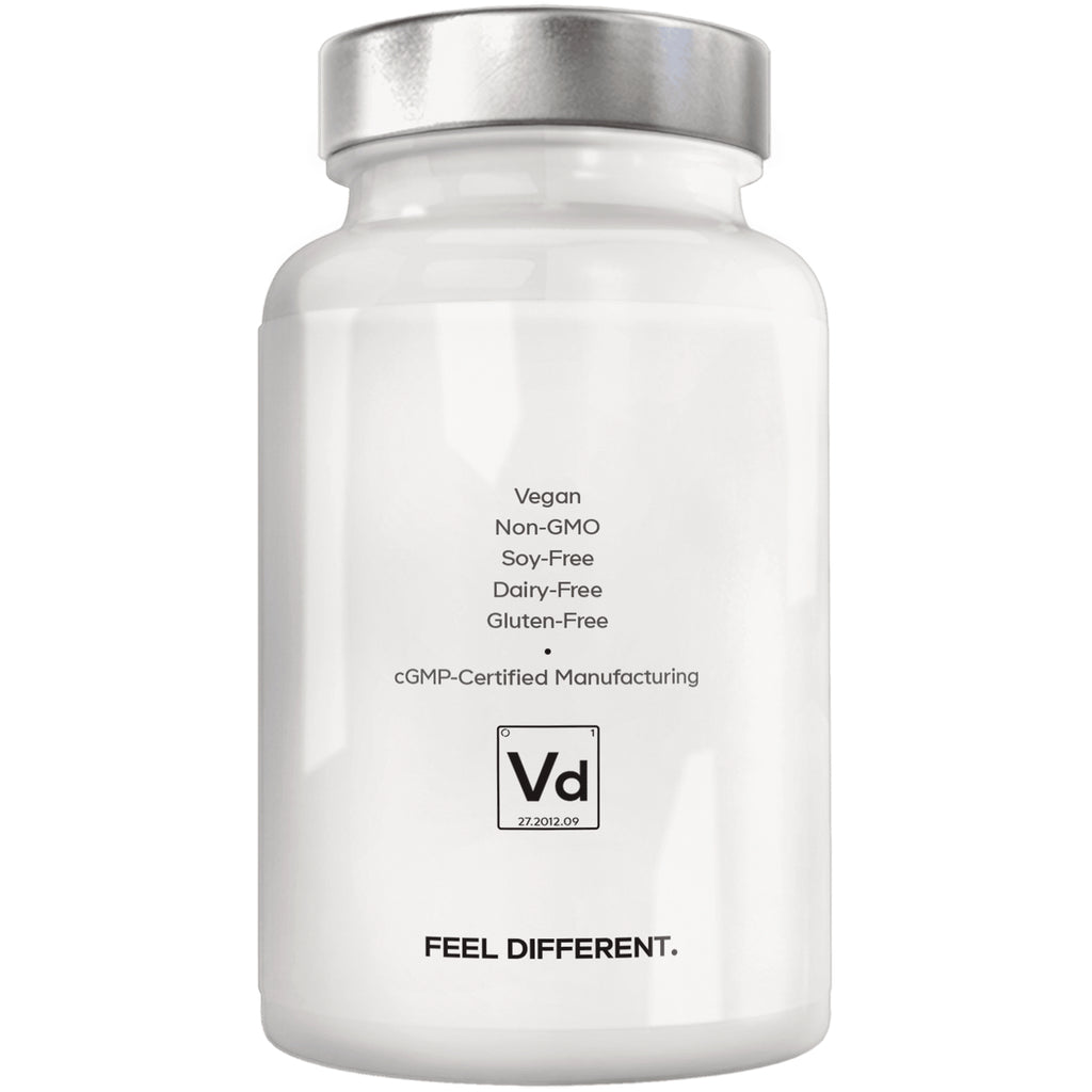 CDG048 | Back of supplement bottle label listing Vegan, Non-GMO, soy-free, dairy-free, gluten-free; cGMP-certified; FEEL DIFFERENT - Thumbnail