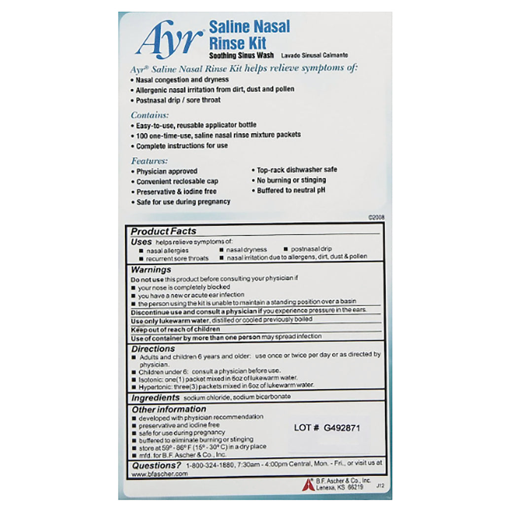 BFA007 | Back of Ayr Saline Nasal Rinse Kit packaging showing product facts, warnings, directions, and lot # G492871 - Thumbnail
