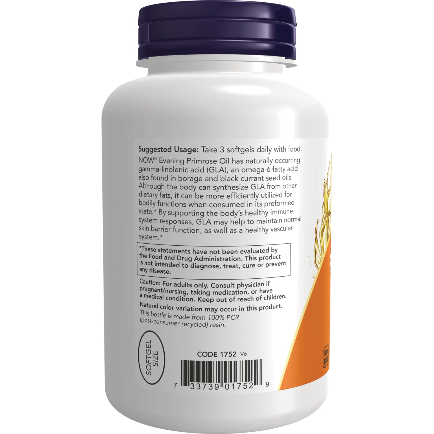 NWF883 | Back of white supplement bottle showing suggested usage, caution text, barcode and CODE 1752 label