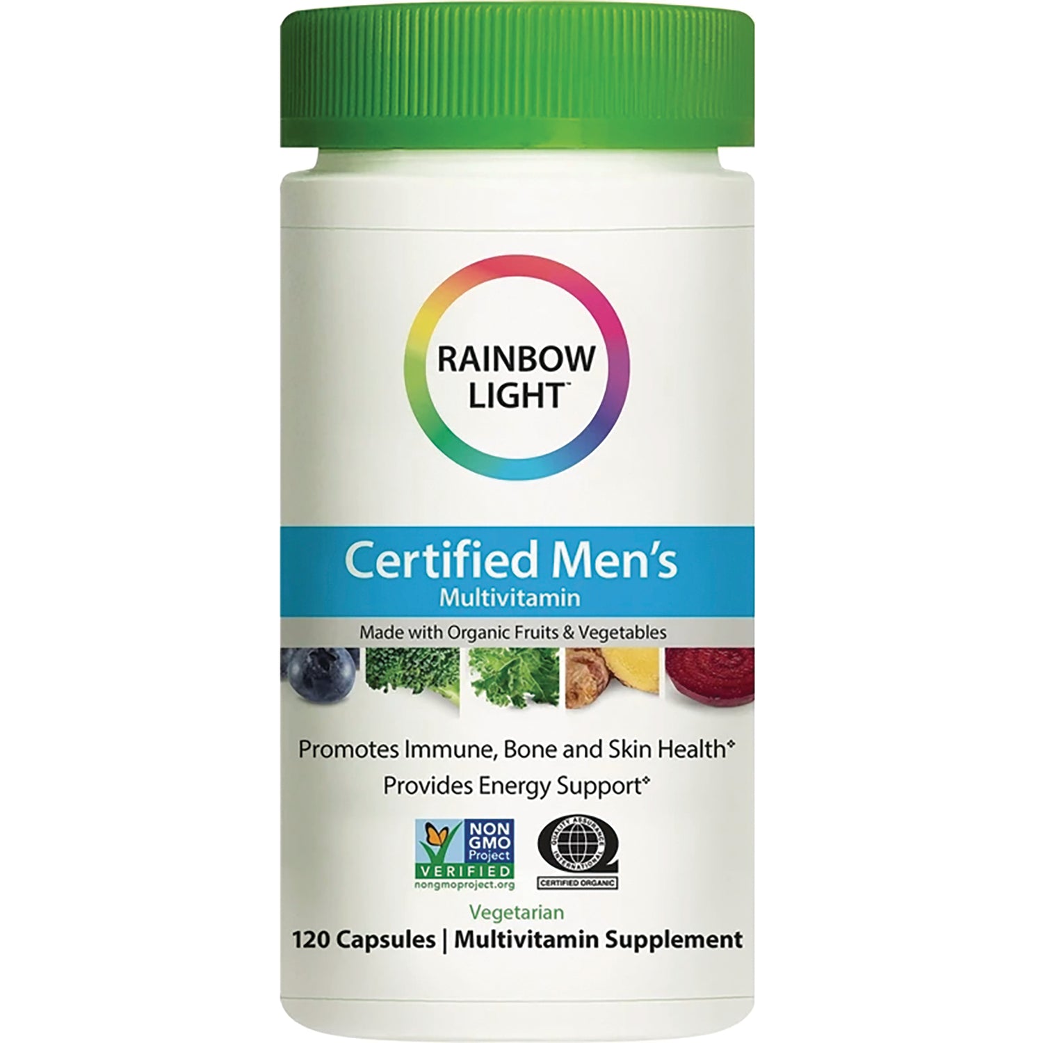 RBL048 | Rainbow Light Certified Men's multivitamin bottle with green cap, 120 vegetarian capsules