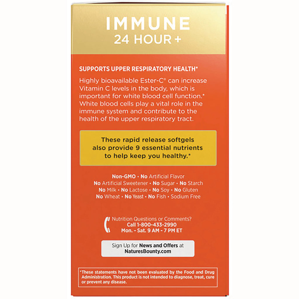 NBY084 | Product infographic showing IMMUNE 24 HOUR+, benefits for upper respiratory health and rapid-release softgels - Thumbnail