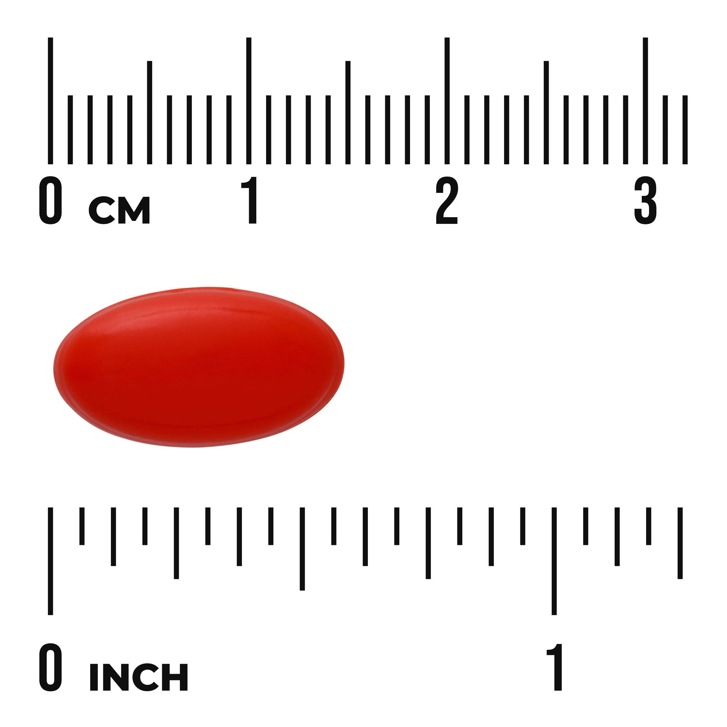 SWU561 | Red oval softgel with size scale in inches and centimeters