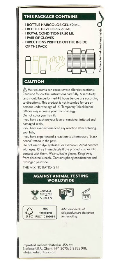 HBT005 | Back of hair color kit box listing haircolor gel 60 ml, developer 60 ml, conditioner 50 ml, gloves and safety cautions