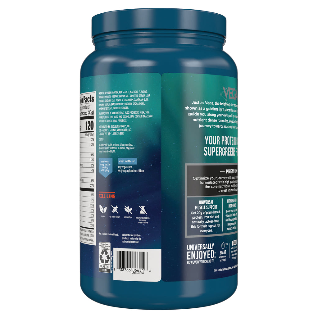 VGA003 | Back of Vega protein powder tub showing nutrition facts panel, ingredients, icons, and barcode - Thumbnail