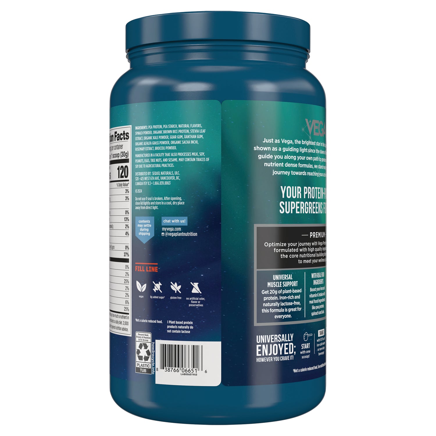 VGA003 | Back of Vega protein powder tub showing nutrition facts panel, ingredients, icons, and barcode