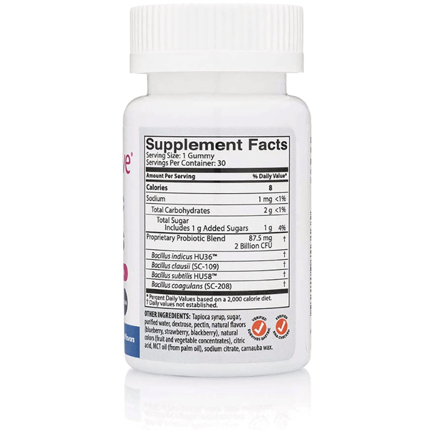 JTR012 | bottle back showing Supplement Facts label and ingredient panel for gummy probiotics