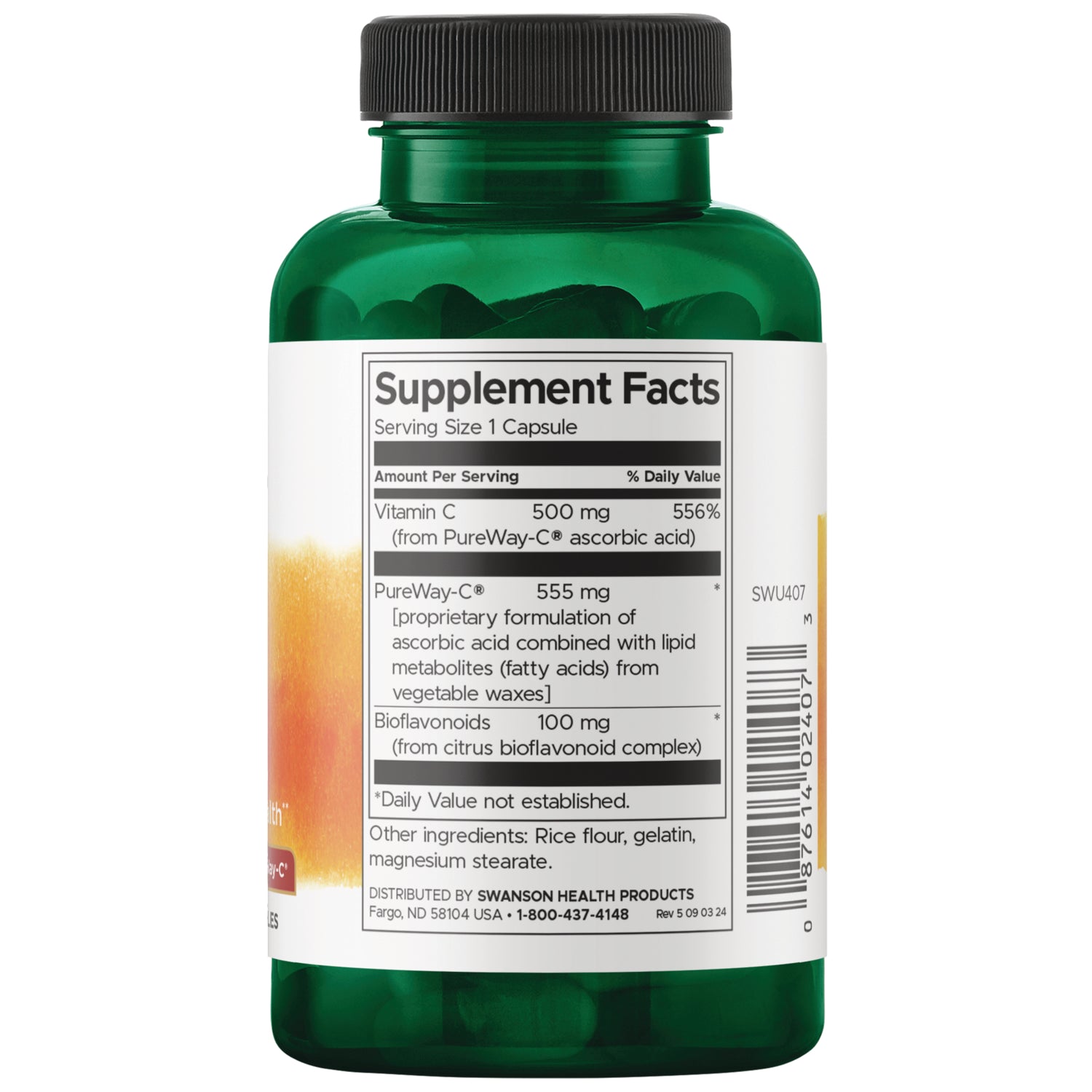 SWU407 | Back label showing Supplement Facts panel, ingredients, and barcode