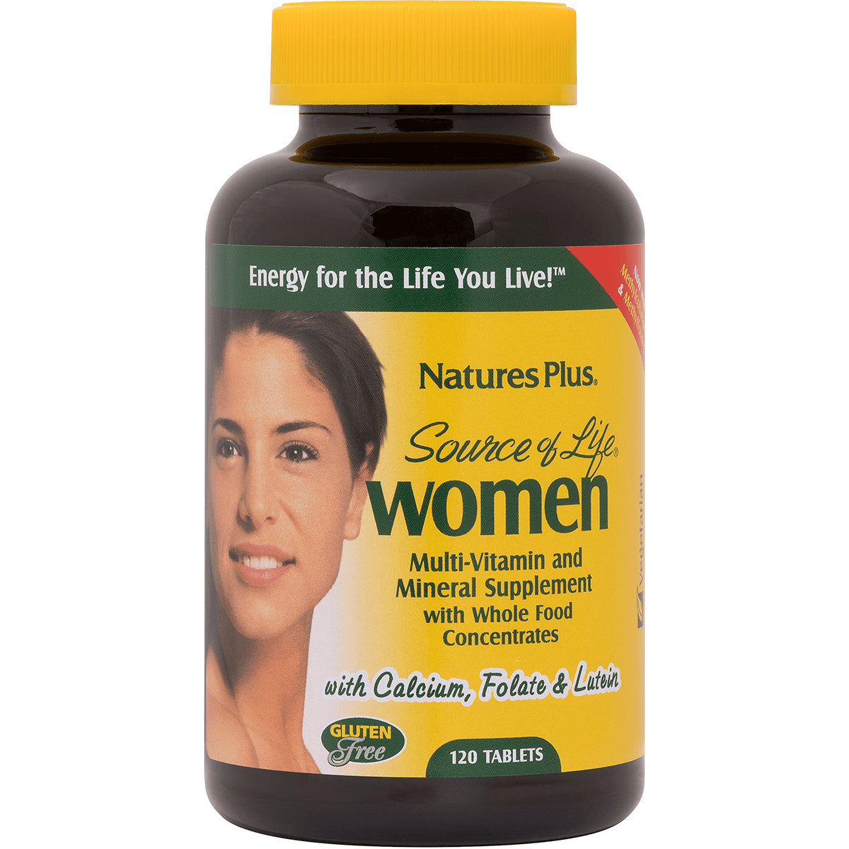 NTP249 | Natures Plus Source of Life women multivitamin bottle, 120 tablets, yellow label, gluten free