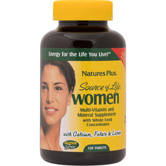 NTP249 | Natures Plus Source of Life women multivitamin bottle, 120 tablets, yellow label, gluten free