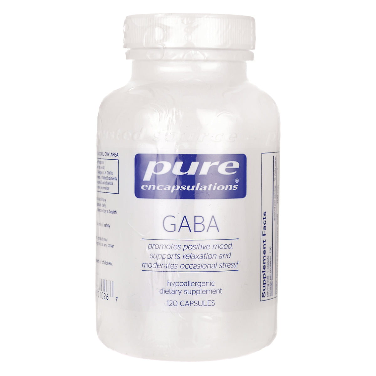 PRN138 | Pure Encapsulations GABA supplement bottle, 120 capsules, front label showing brand and product name