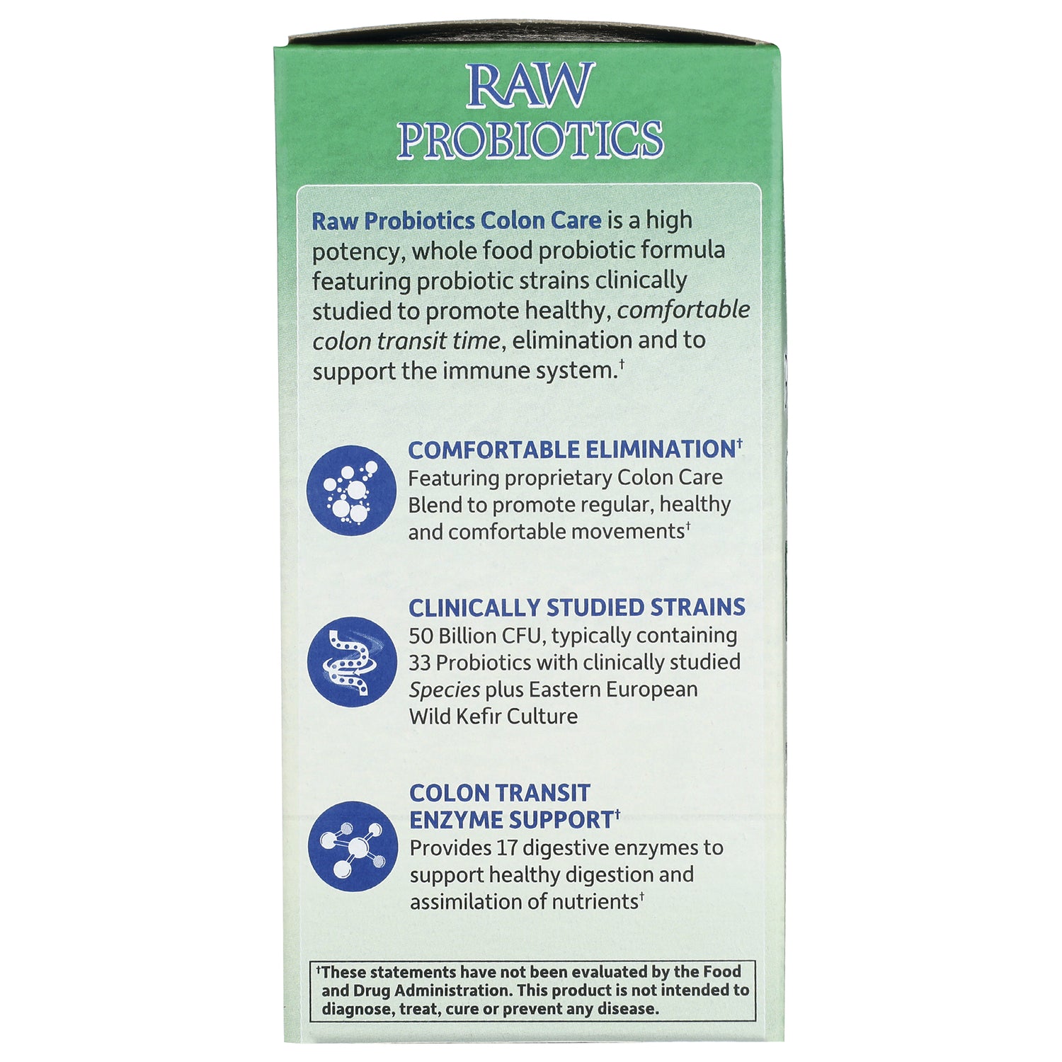 GLF152 | Back panel of Raw Probiotics Colon Care box listing benefits, studied strains and enzyme support