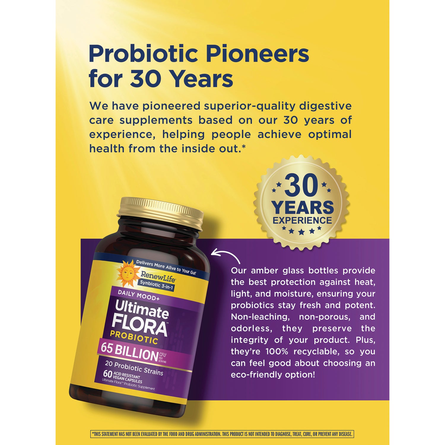 RNL255 | product infographic showing Ultimate Flora probiotic bottle, 30 years experience badge, and amber glass benefits