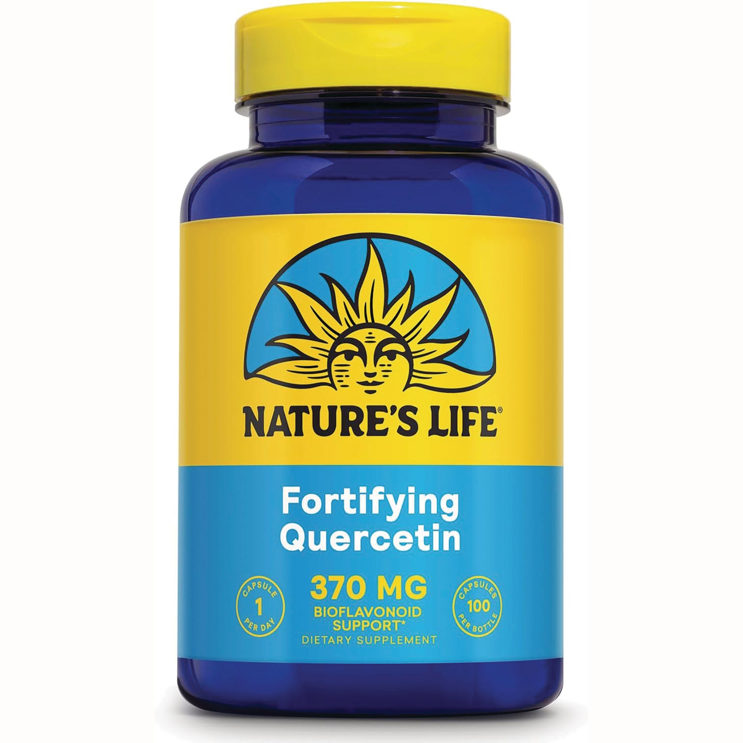 NSL062 | Blue bottle with yellow label reading NATURE'S LIFE Fortifying Quercetin 370 MG dietary supplement