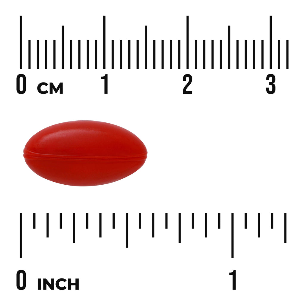 SWU986 | red oval softgel shown against centimeter and inch rulers for size reference - Thumbnail