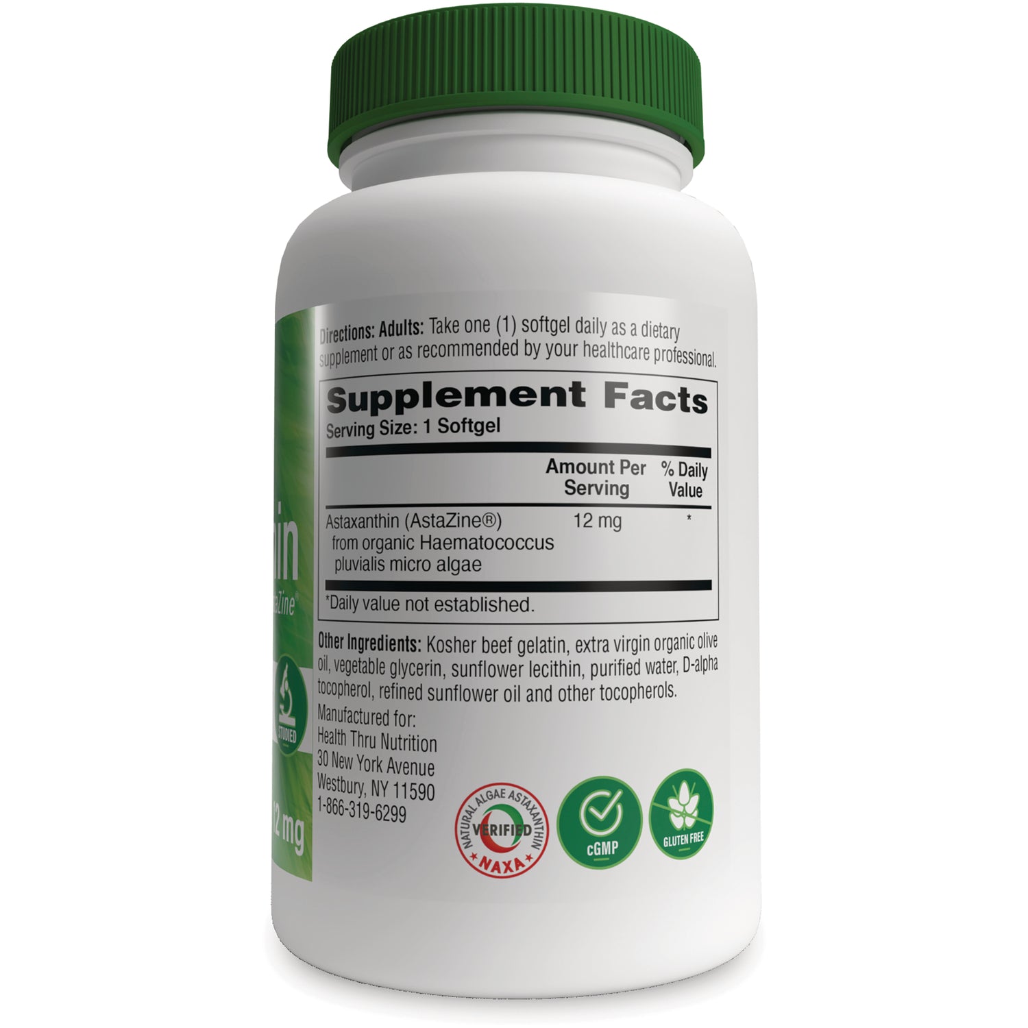 HTN008 | Back of white supplement bottle showing Supplement Facts panel, ingredient list, and certification icons