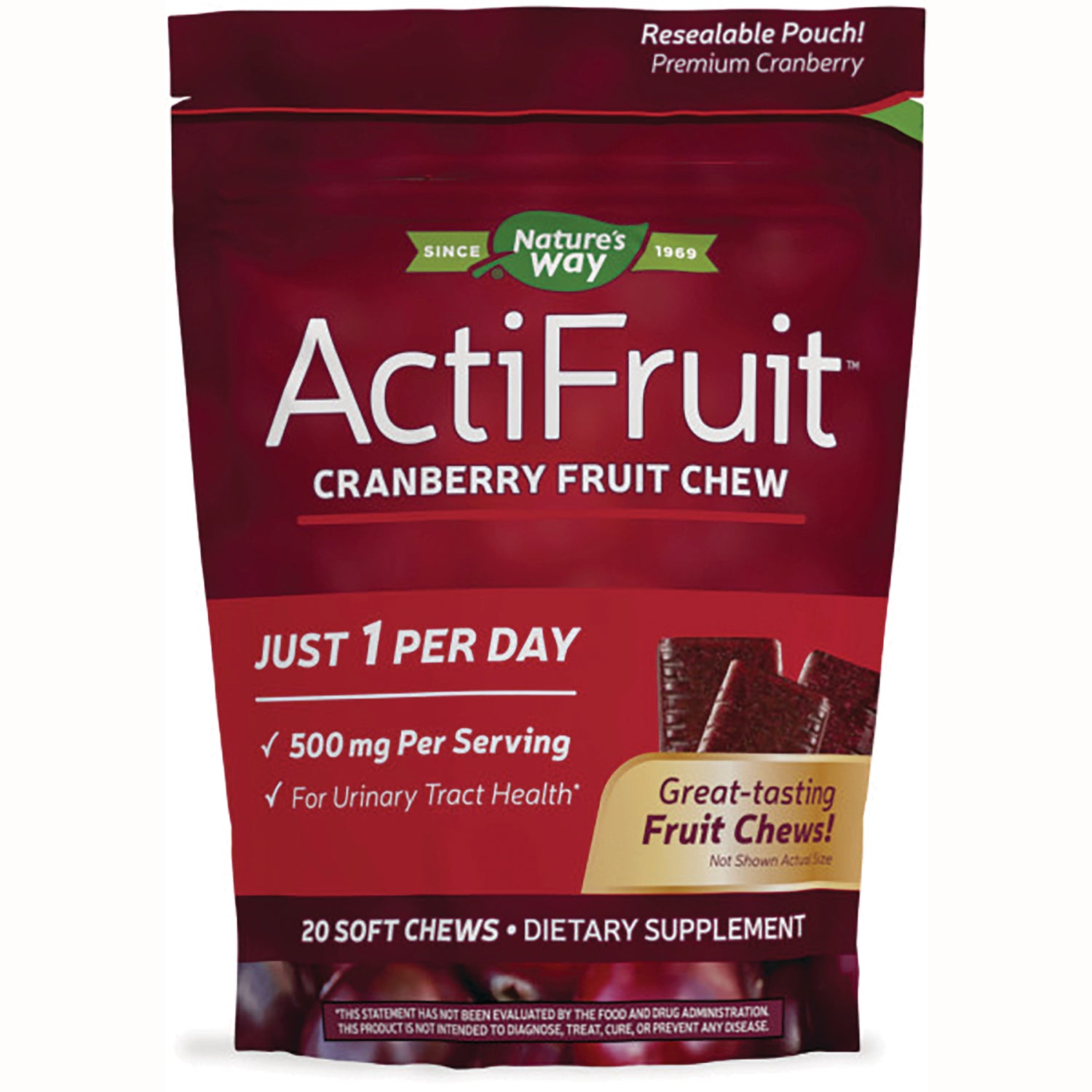 ET365 | Nature's Way ActiFruit cranberry fruit chew resealable pouch, 20 soft chews, 500 mg per serving