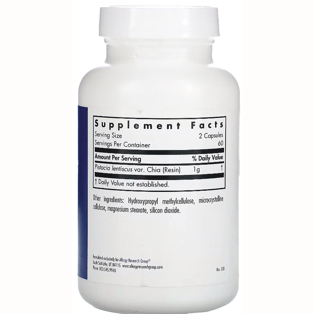 ARG020 | Back of white supplement bottle showing Supplement Facts label, serving size 2 capsules, Pistacia lentiscus (chia resin) 1 g - Thumbnail