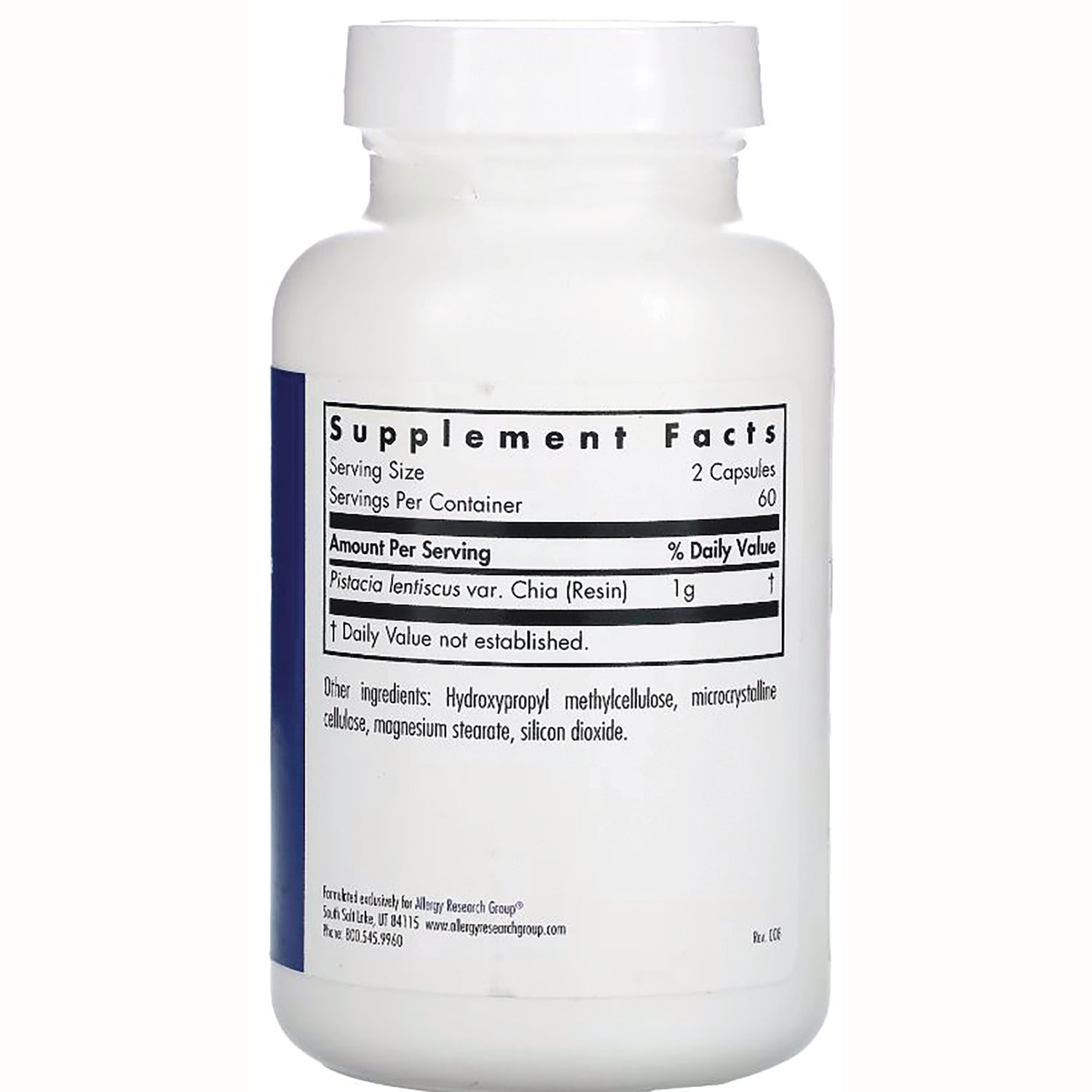 ARG020 | Back of white supplement bottle showing Supplement Facts label, serving size 2 capsules, Pistacia lentiscus (chia resin) 1 g