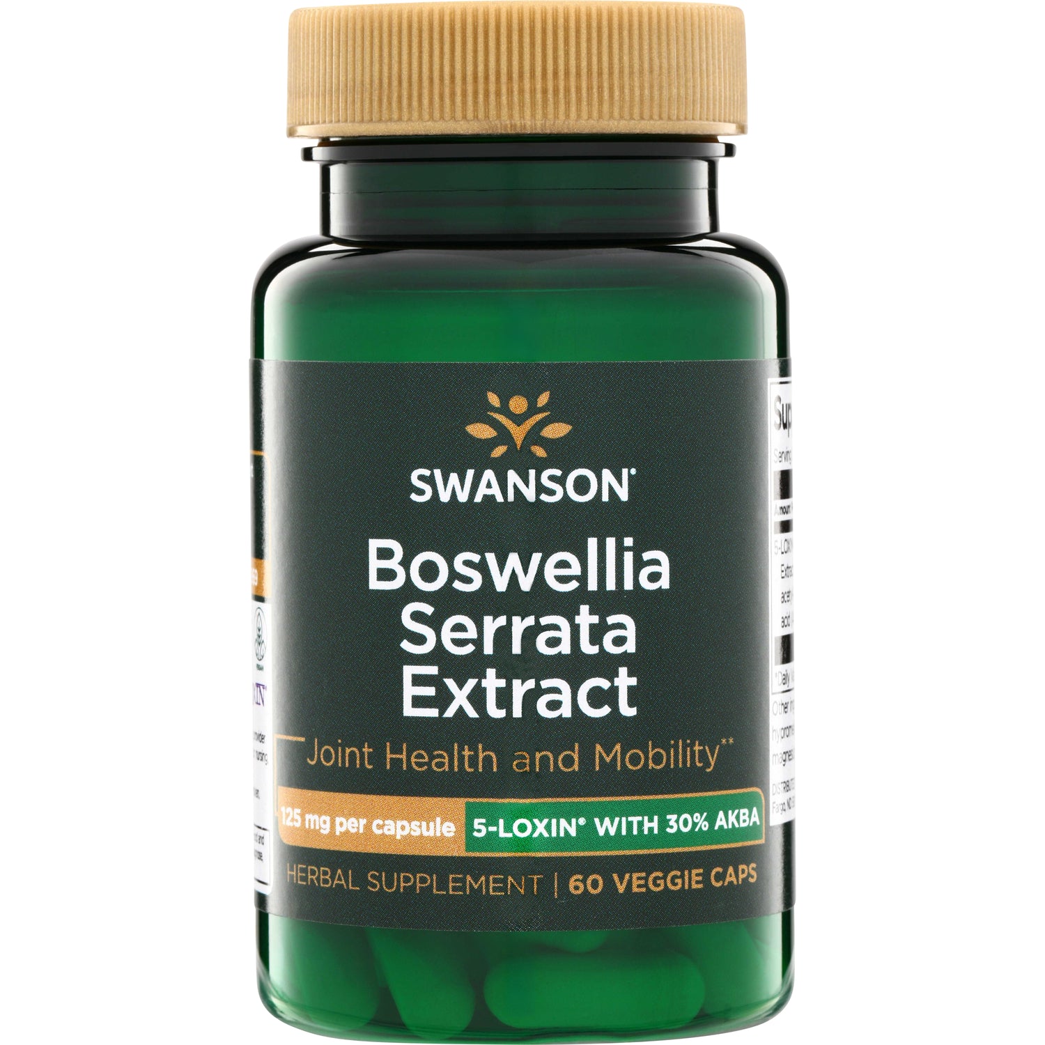 SWU770 | Swanson Boswellia Serrata Extract supplement bottle, 125 mg per capsule, 5-LOXIN with 30% AKBA, 60 veggie caps