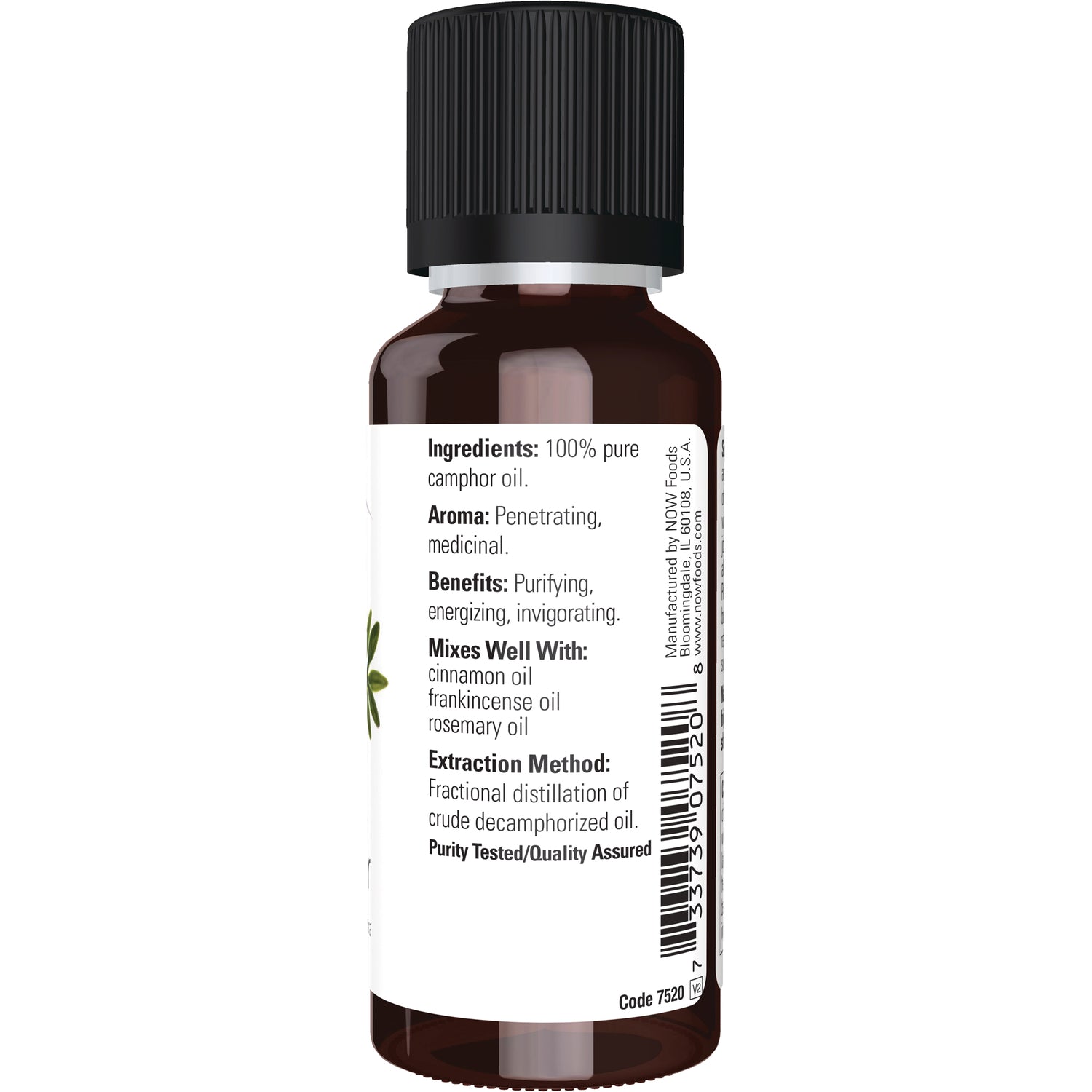 NWF186 | Back label of brown essential oil bottle listing ingredients, aroma, benefits, mixes well with, extraction method and barcode