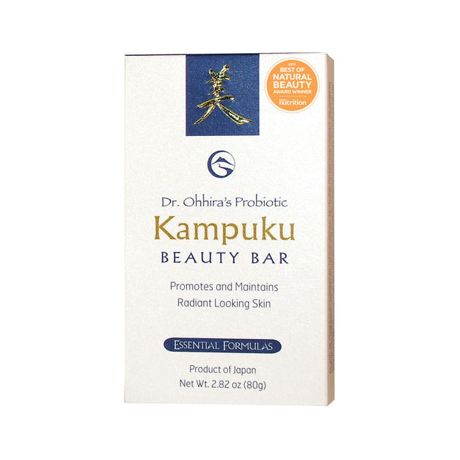DRH002 | Front of white Kampuku Beauty Bar box labeled Dr. Ohhira's Probiotic promoting radiant looking skin