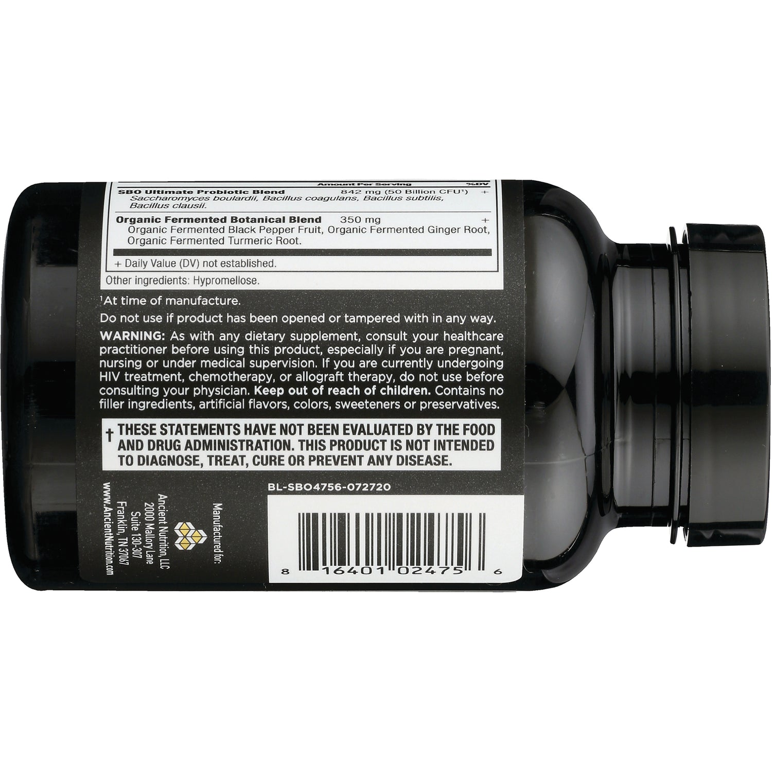 ATN052 | Back of black supplement bottle showing supplement facts, warning text, and barcode