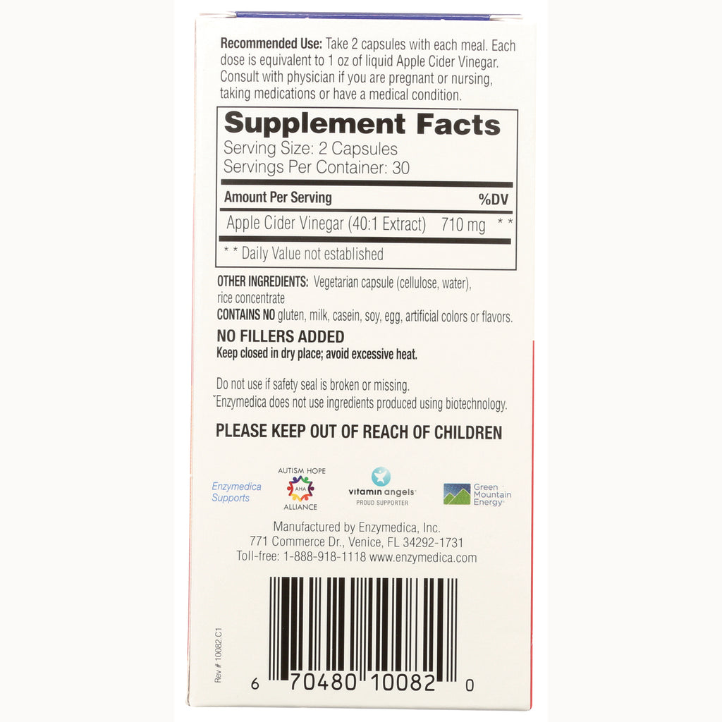 EMD077 | Supplement Facts panel and recommended use for apple cider vinegar capsules with ingredients and barcode - Thumbnail
