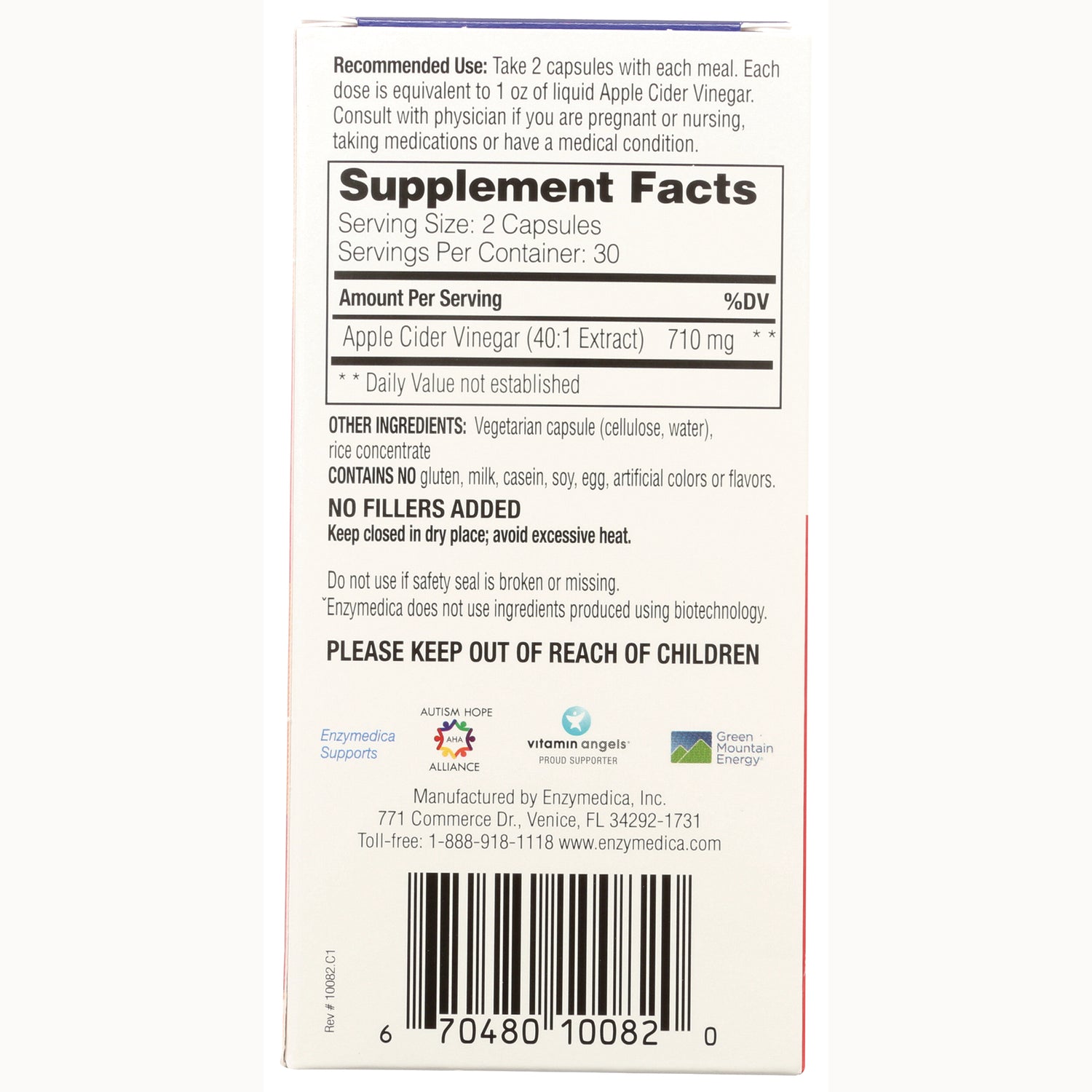 EMD077 | Supplement Facts panel and recommended use for apple cider vinegar capsules with ingredients and barcode