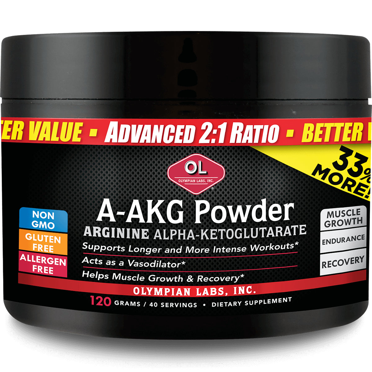 OL001 | A-AKG Powder supplement jar front label, Arginine alpha-ketoglutarate by Olympian Labs, 120 g, non GMO