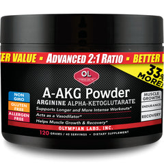 OL001 | A-AKG Powder supplement jar front label, Arginine alpha-ketoglutarate by Olympian Labs, 120 g, non GMO