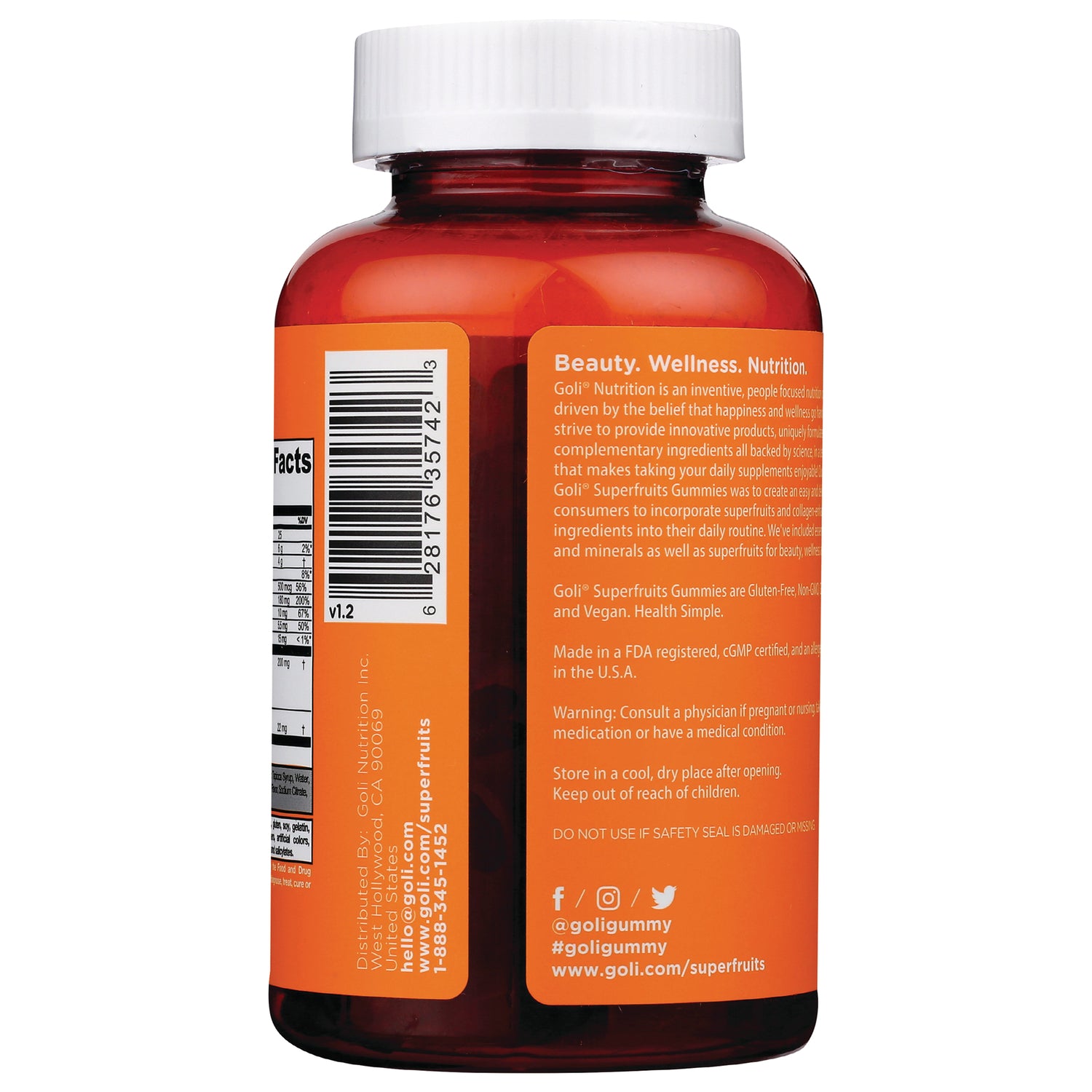 GOL004 | Back of amber supplement bottle with orange label showing barcode, nutrition facts, warnings and brand text
