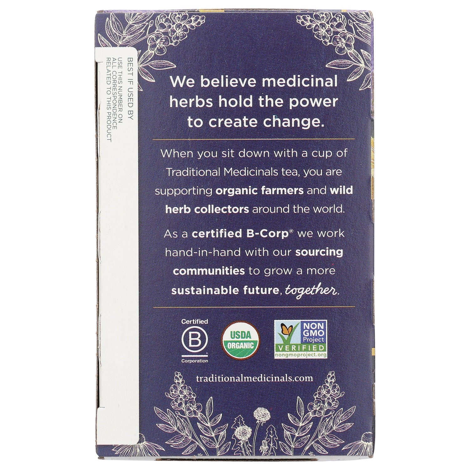 TMD008 | Traditional Medicinals brand message panel with B Corp, USDA Organic, and Non-GMO Project Verified icons