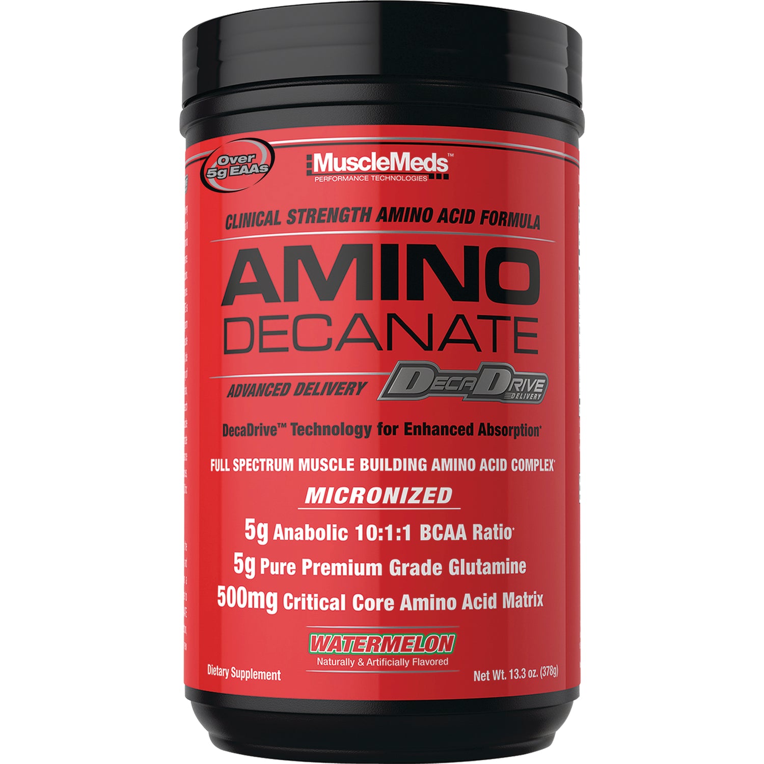 MMD006 | Red MuscleMeds AMINO DECANATE supplement tub front label, micronized, watermelon flavor