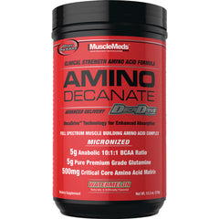 MMD006 | Red MuscleMeds AMINO DECANATE supplement tub front label, micronized, watermelon flavor