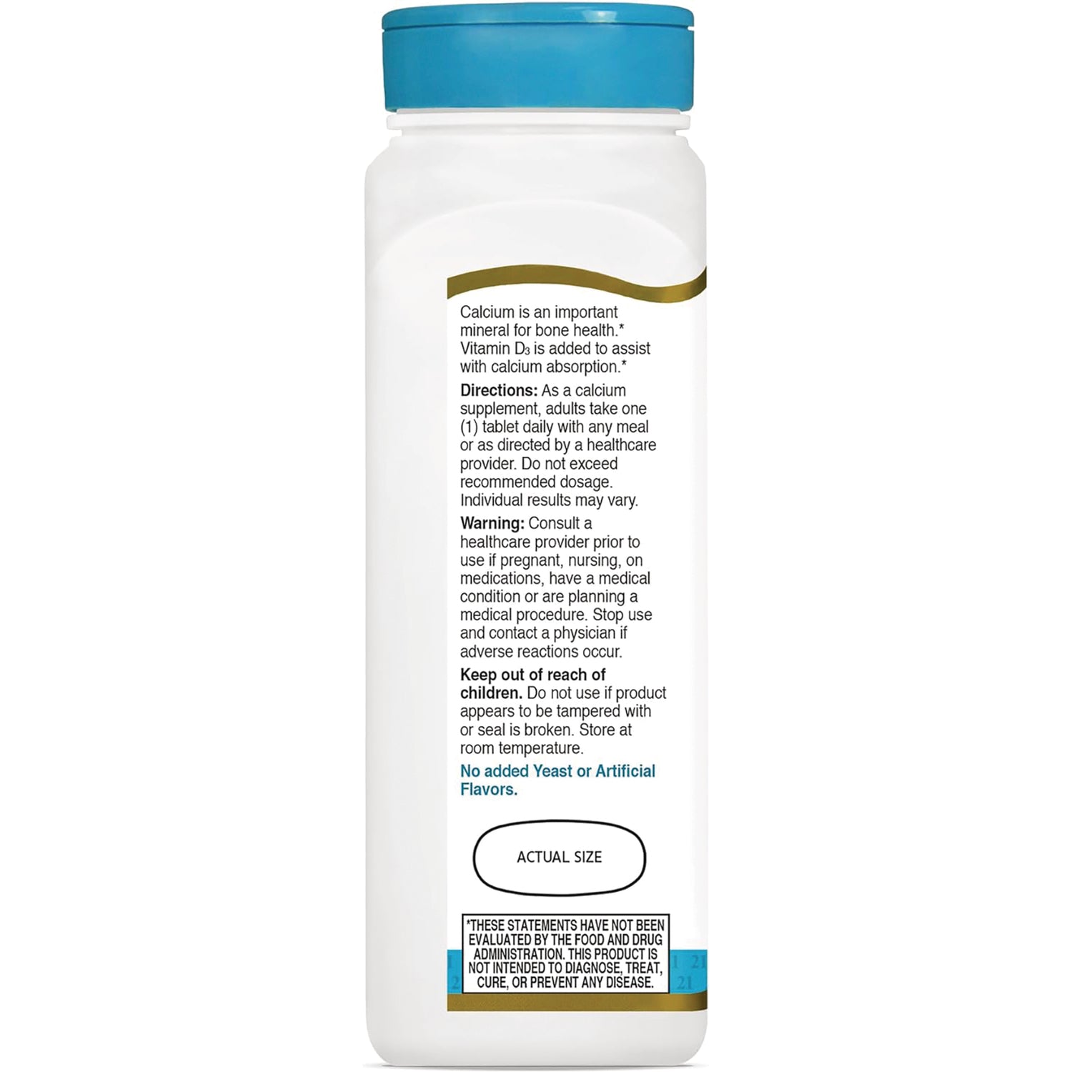 CNT021 | back label of white supplement bottle showing directions, warnings, and an actual size oval