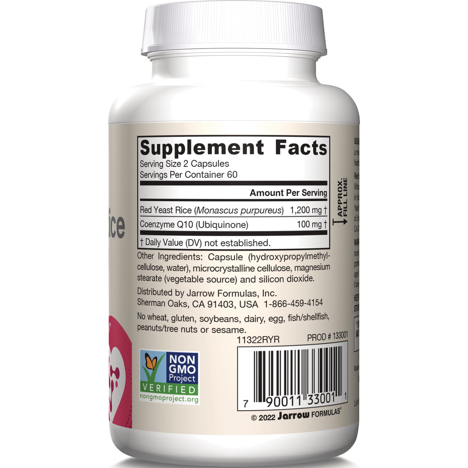 JR328 | Back of white supplement bottle showing Supplement Facts panel, ingredients, Non-GMO Project verified label and barcode