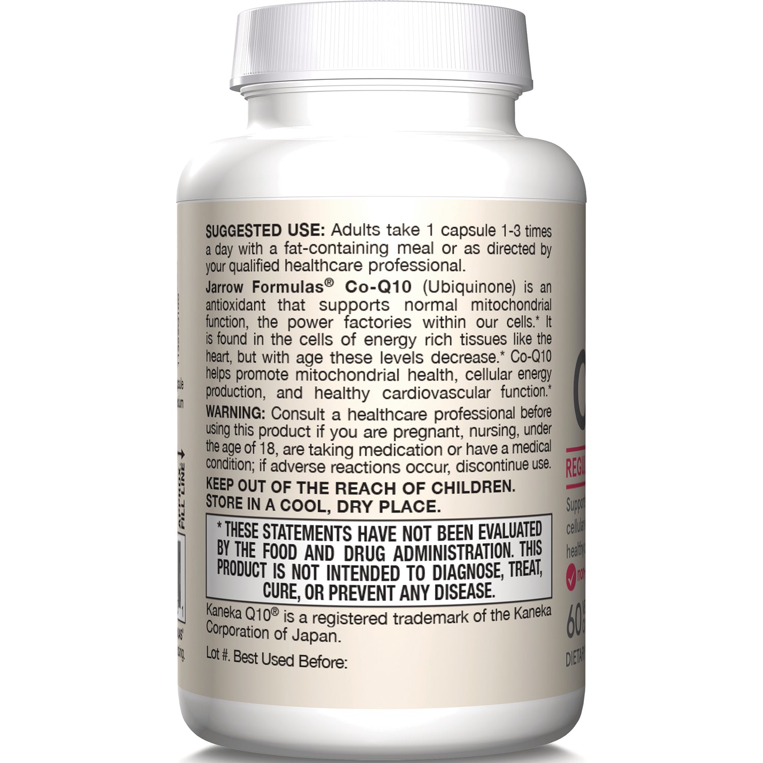 JR048 | Back label of supplement bottle showing suggested use, warning, storage, and FDA disclaimer text